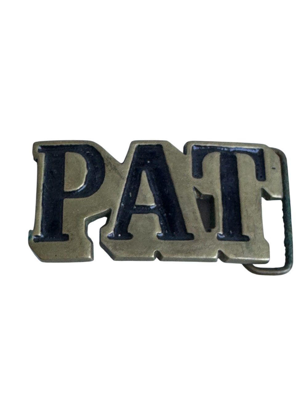 Vintage 70s PAT Name Monogram Brass Belt Buckle in Black and Antique Gold